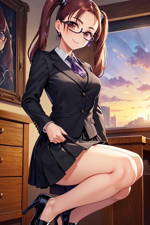 Jessica,  shiny maroon hair,  twin tails, ( beautiful brown eyes、 center split)、smile、 super detailed eyes、 Highly Detailed Faces ,  highly detailed eyes ,cowboy shot,、(Alone,  one girl)、 ,Master Piece,  top quality ,  high res, masterpiece , 



(masterpiece:1.2,  top quality ),  

(( detailed cloth texture, ( black business suit jacket ), Lavender collared shirt ,  tight skirt ,  high heels), Wayfarer Glasses), 
( beautiful scenery),  evening ,   stormed the classroom , School,  is standing, (Elegant, smile, Above the eyes), 