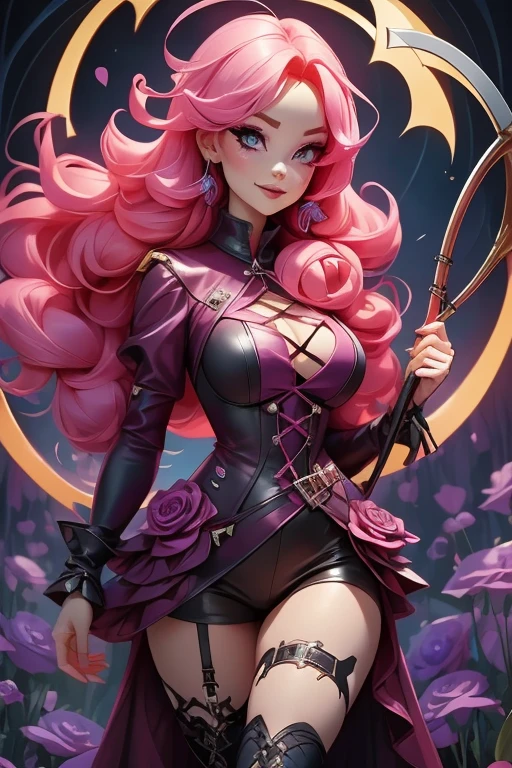 Perfect face. Perfect hands. A pink haired woman with violet eyes and an hourglass figure in a Gothic leather teddy is spinning a scythe in the cemetery with a big smile

