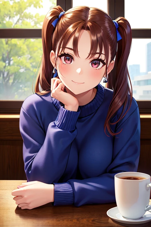 Jessica,  shiny maroon hair,  twin tails, ( beautiful brown eyes、 center split)、smile、 super detailed eyes、 Highly Detailed Faces ,  highly detailed eyes ,cowboy shot,、(Alone,  one girl)、 ,Master Piece,  top quality ,  high res, masterpiece , 



masterpiece,  top quality , Spend the daytime  、  one girl , Alone, window,  is sitting, indoor,  table ,  sleeve that goes past the wrist, Cafe,  coffee cup ，hair bow,  headrest,   closed mouth ,  blue sweater ,  upper body