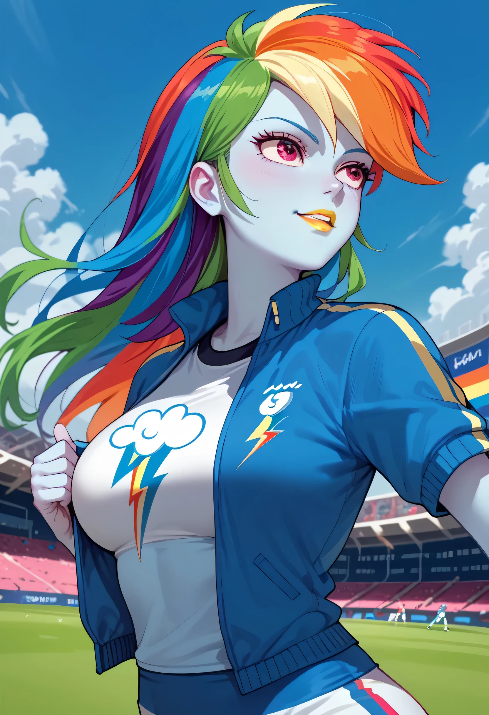 woman, blue skin, yellow lipstick, rainbow blue hair, big breasts, anime style, long hair, pink eyes, Rainbow Dash, soccer field, sky, day