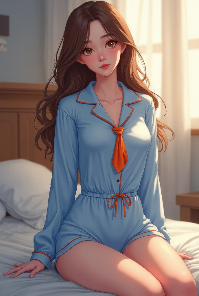 Sleeping Girl, 20 years old, Realistic,Dragon Ball Cosplay Goku,Open legs, Expressions of satisfaction and relief, Brown hair. Pink bed theme and some cute stuffed animals on the bed,An ultra-high picture quality,high-detail,Get up,