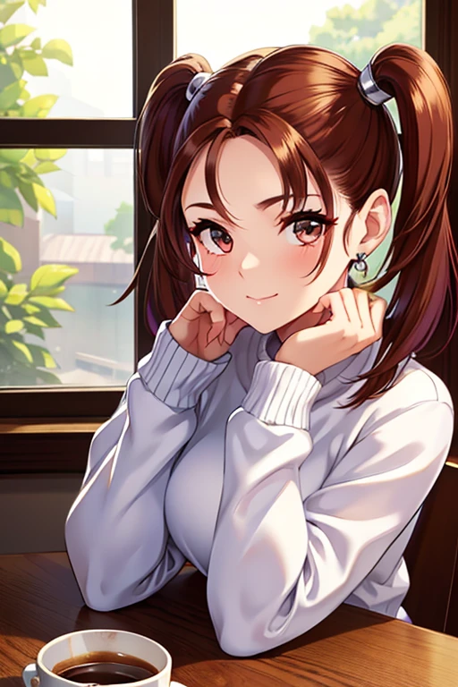 Jessica,  shiny maroon hair,  twin tails, ( beautiful brown eyes、 center split)、smile、 super detailed eyes、 Highly Detailed Faces ,  highly detailed eyes ,cowboy shot,、(Alone,  one girl)、 ,Master Piece,  top quality ,  high res, masterpiece , 



masterpiece,  top quality , Spend the daytime  、  one girl , Alone, window,  is sitting, indoor,  table ,  sleeve that goes past the wrist, Cafe,  coffee cup ，hair bow,  headrest,   closed mouth ,  sweater ,  upper body