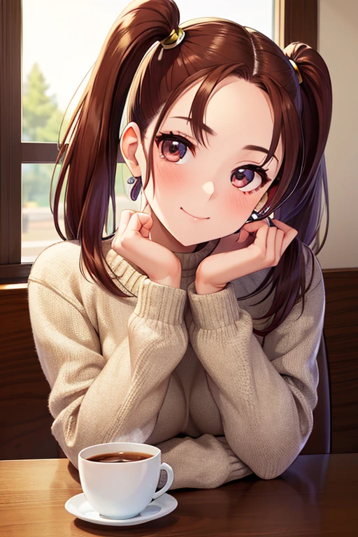 Jessica,  shiny maroon hair,  twin tails, ( beautiful brown eyes、 center split)、smile、 super detailed eyes、 Highly Detailed Faces ,  highly detailed eyes ,cowboy shot,、(Alone,  one girl)、 ,Master Piece,  top quality ,  high res, masterpiece , 



masterpiece,  top quality , Spend the daytime  、  one girl , Alone, window,  is sitting, indoor,  table ,  sleeve that goes past the wrist, Cafe,  coffee cup ，hair bow,  headrest,   closed mouth ,  sweater ,  upper body