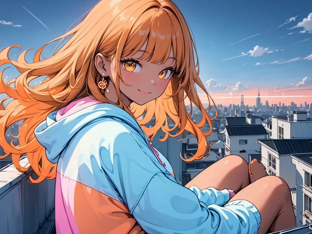 Neon orange hair, yellow eyes, tanned skin, Harajuku hoodie, sitting on rooftopHigh Resolution, Masterpiece, Anatomically Correct, Long Hair, Parted Bangs, Curly Hair, Earrings, Neon orange curly hair, Closed Mouth, Smile, Blue eyes, Yellow Eyes, Out Of Frame, tanned skin, neon filter, pink colorblock hoodie, caramel toned skin, Parted Bangs, Neon orange hair