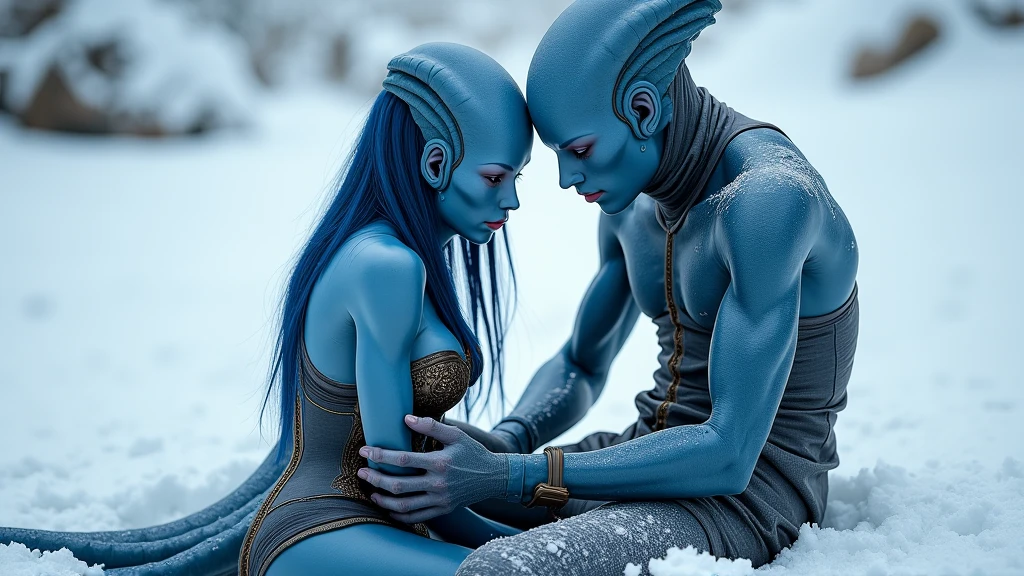 A standing Alien man and woman in the form of an ice-blue reptilian. Standing in an earth futuristic Pyramid City