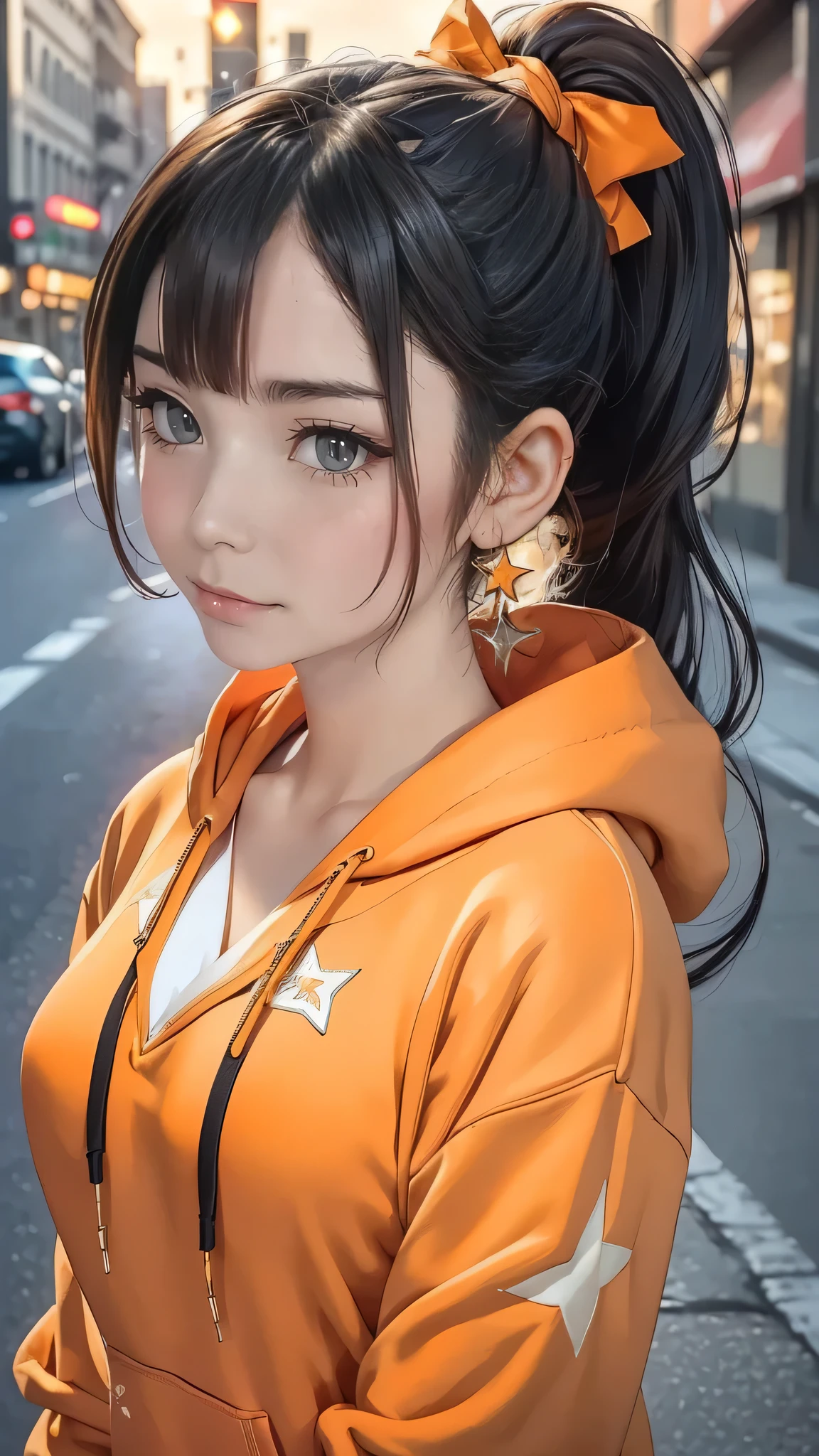 (Best quality, 8K, CG), (detailed upper body), (detailed expression), (lonely girl), (sunset on the street), (detailed facial features), (black hair tied in a ponytail), (almond-shaped orange eyes), (detailed eye makeup), (long fluttering eyelashes and large eyes), (twinkling stars), (intricate lip details), (bold and confident style), (orange cropped hoodie).