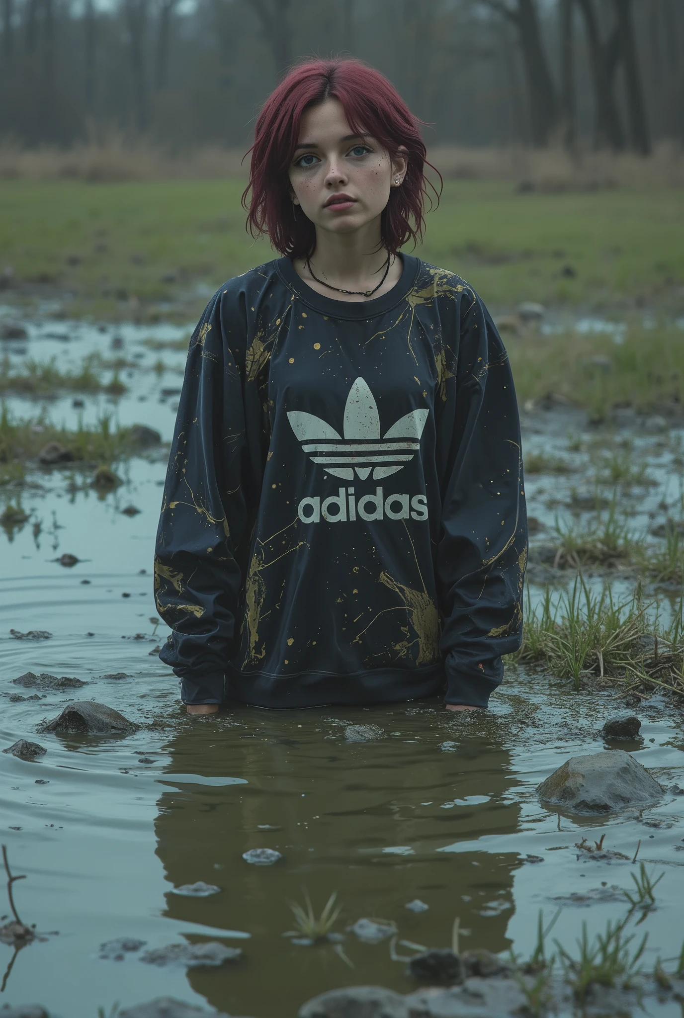 extremely detailed pale woman drowning in sticky sludge bog puddle, in messy sweatshirt from Adidas,,жертва ритуала, грязевая яма, drowned below sludge, теряющий контроль, головной убор,ритуальный макияж коренных народов, red green blue, stuck,