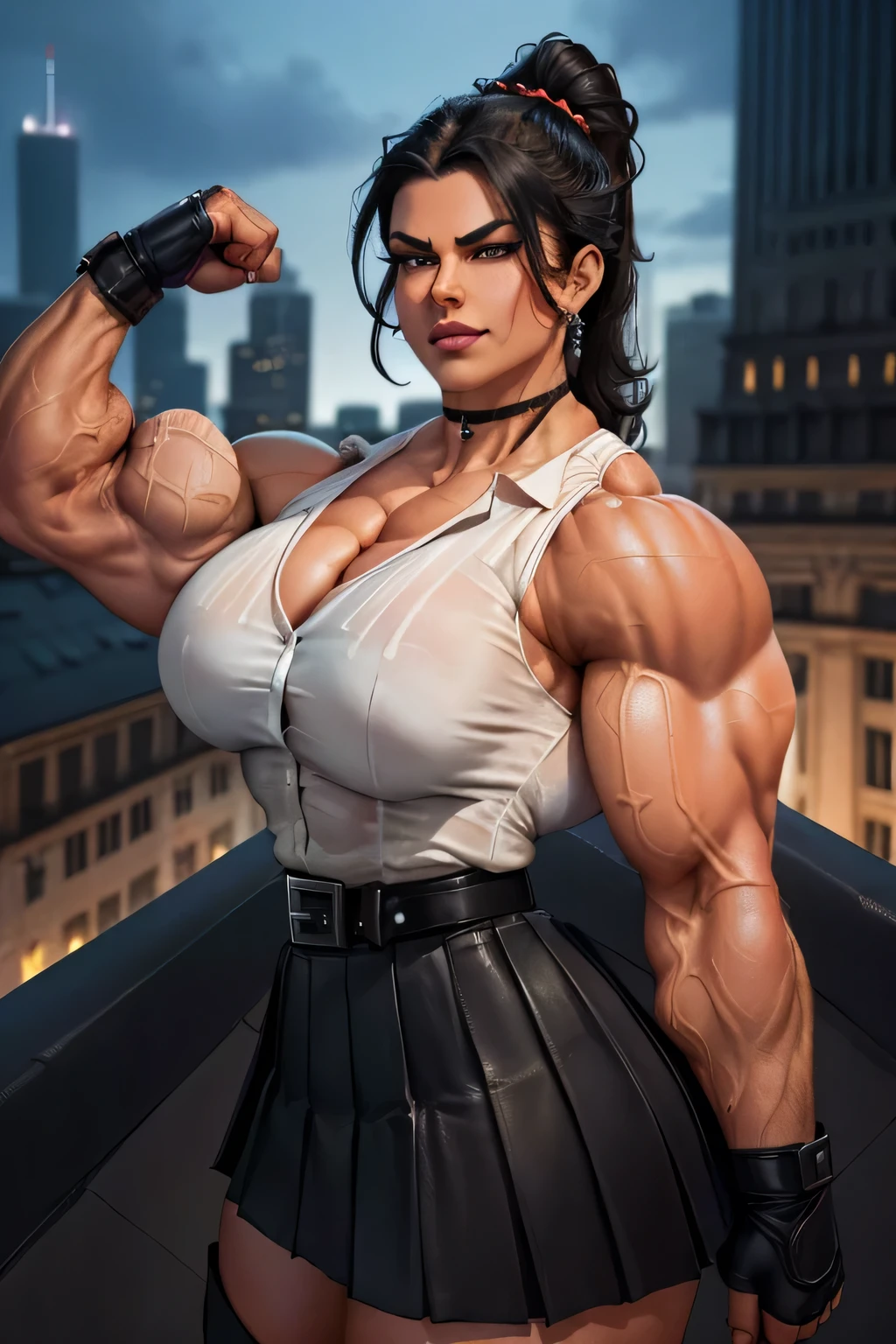((Close-up)), tall, (jet black hair) beautiful muscular woman, wavy ponytail, brown skinned, closed smile, (large breast), (black lipstick), (massive muscles), (hyper muscle), ((ginormous bulky muscles)), blue eyes, ((((sleeveless formal shirt)))), (((leather pleated skirt with belt))), (((flexing on the rooftop))), (fingerless gloves), choker, thigh high boots, (night in Chicago),