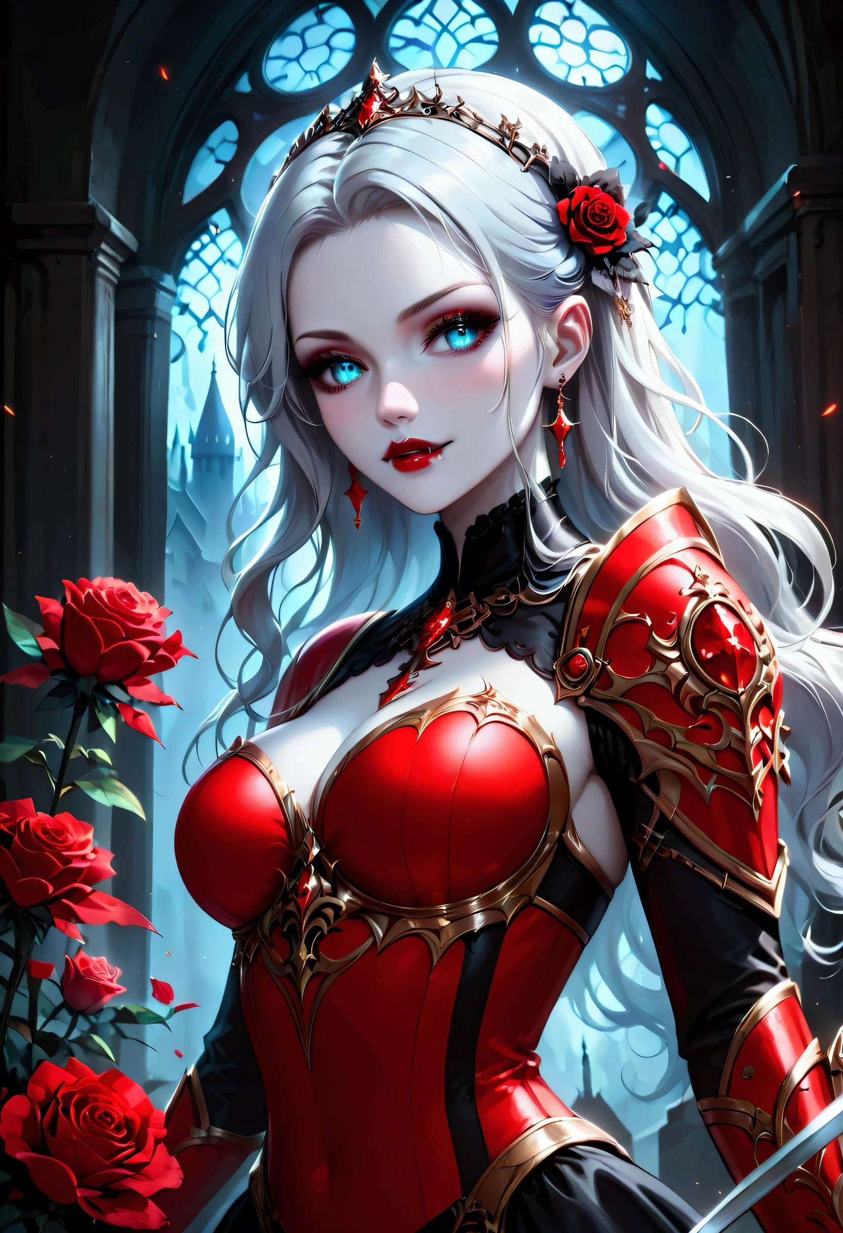 score_9, score_8_up, score_7_up, score_6_up, score_5_up, score_4_up, Dark fantasy art, fantasy art, goth art, a picture of a female vampire (masterpiece, best quality: 1.3), exquisite beauty, full body shot (masterpiece, best quality: 1.3), delicate face (masterpiece, best quality: 1.3), vampire fangs, dark glamour shot, pale white skin, blond hair, long hair, wavy hair, (glowing blue: 1.3) eyes, she wears a (red: 1.3) red tight suit, she holds a sword (masterpiece, best quality: 1.2) in hand,  , the roses are imprinted on the suit (black: 1.4) black roses, high heels, dark castle, dark, Cinematic Shot, intricate details, sword and shield