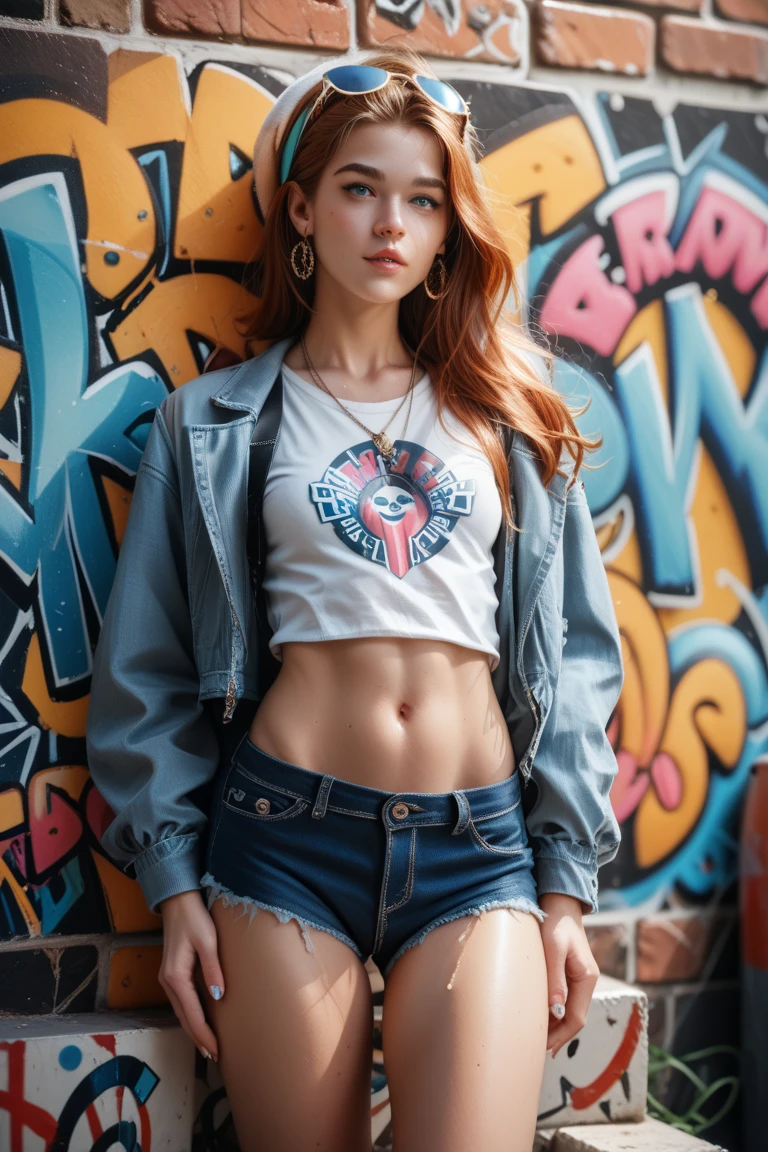 a young teenage girl in the styl of 1950s, standing in front of a brick wall with graffiti on it, she looks like she's just had sex.