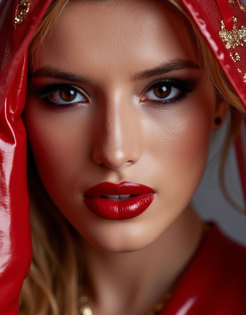 cute portrait of woman on her wedding day, latex wedding dress, red lip gloss, thick eyeliner flicks, latex outfit, latex, shiny, eye contact, full lips, lip fillers, dark red lip gloss, shiny lips, 