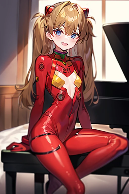 (( top quality )), ((masterpiece)), (be familiar with), perfect face, indoor, bedroom,  Watching Viewers ,
One woman,  Soryu Asuka Langley ,
開いた口,  ecstatic expression beside the piano, blush, smile,
 small tits,  flat chest, Young girl, Lori,  s,  girl,
 long hair,  twin tails,
Leg spread,