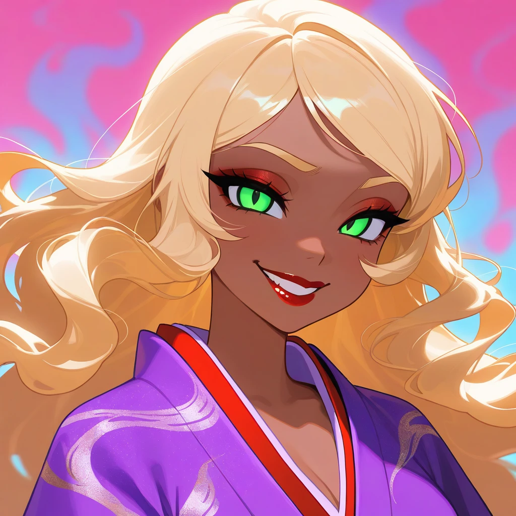 OC, female, semi realism, dark tanned skin, red lips, blonde eyebrows, perfect face, long wavy light Ashe blonde hair with bang, half-closed Green eyes, evil smile, red glamorous, sweet aesthetic, sexy kimono, mystic luminescent, sexy,