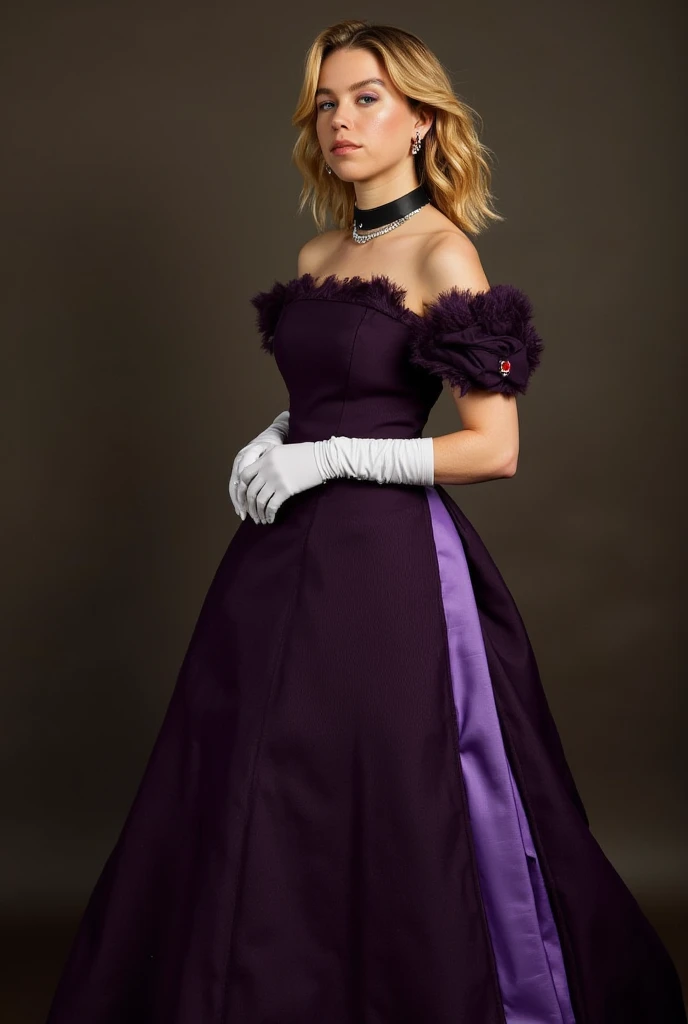 Milly Alcock,blonde hair,dark purple short-sleeved dress with a violet at the edge of her sleeves and the extended skirt of her dress. She also wears long white gloves and a black choker with a red jewel as her pendant,potrait