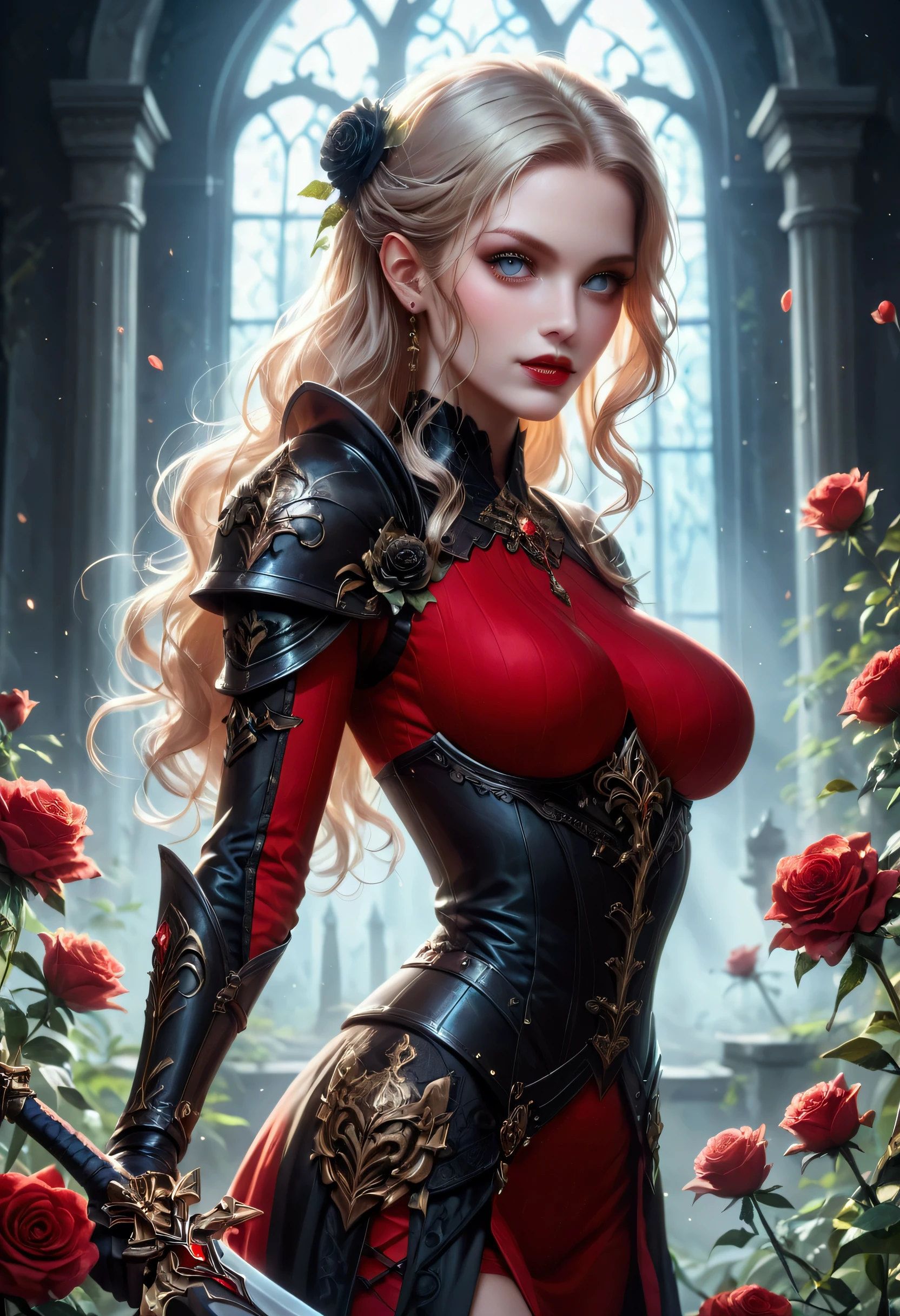 score_9, score_8_up, score_7_up, score_6_up, score_5_up, score_4_up, Dark fantasy art, fantasy art, goth art, a picture of a female vampire (masterpiece, best quality: 1.3), exquisite beauty, full body shot (masterpiece, best quality: 1.3), delicate face (masterpiece, best quality: 1.3), vampire fangs, dark glamour shot, pale white skin, blond hair, long hair, wavy hair, (glowing grey: 1.3) eyes, she wears a (red: 1.3) red tight suit, she holds a sword in hand, (masterpiece, best quality: 1.4) , the roses are imprinted on the suit (black: 1.4) black roses, high heels, dark castle, dark, Cinematic Shot, intricate details, dnd art, sword and shield