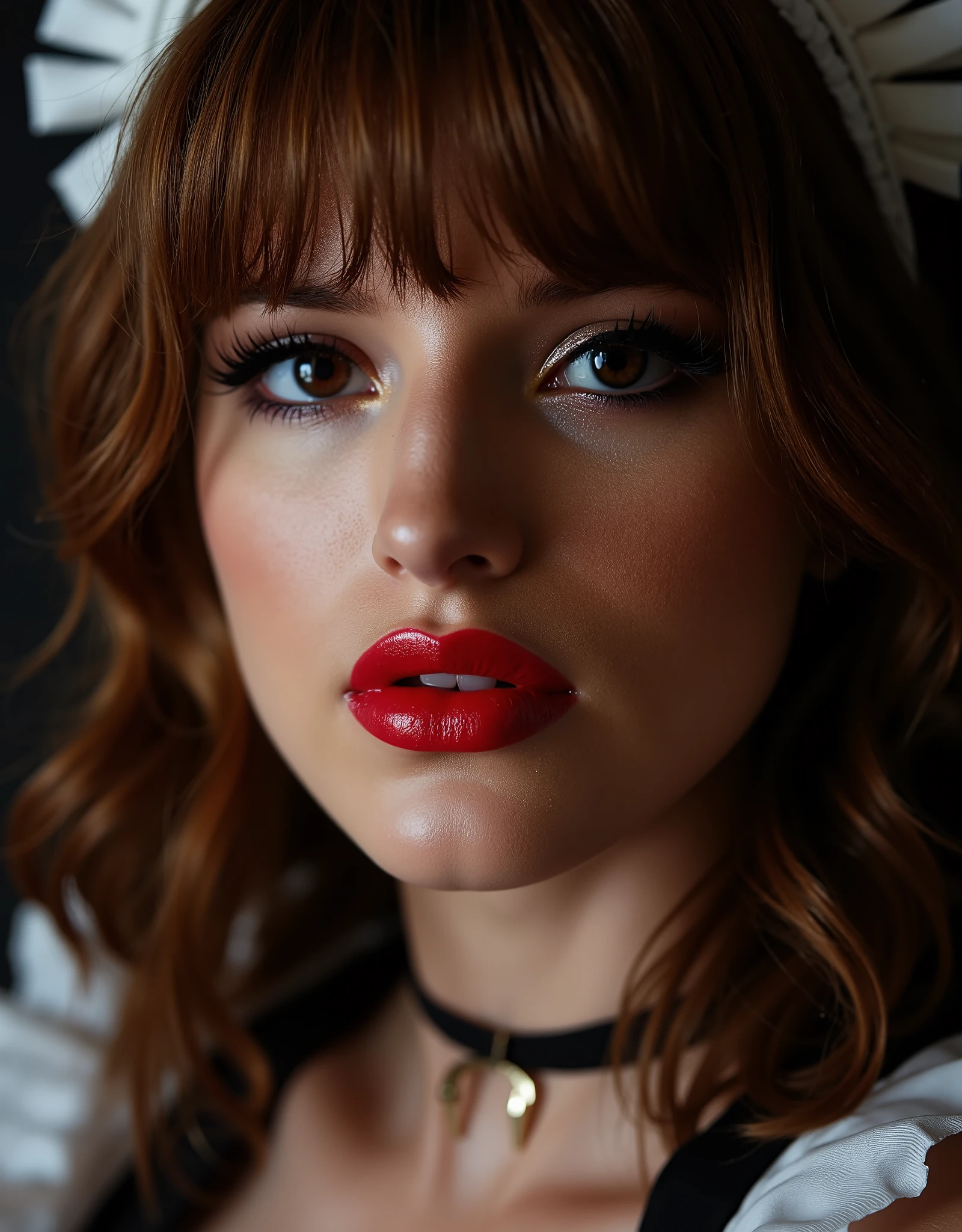 close up of a woman with full lips wearing a latex maid outfit, red lip gloss, eyeliner flicks, e girl makeup, shiny red lips, beautiful detailed eyes, beautiful detailed lips, extremely detailed eyes and face, long eyelashes, photorealistic, 8k, high quality, hyper realistic, digital painting, masterpiece, dramatic lighting, cinematic