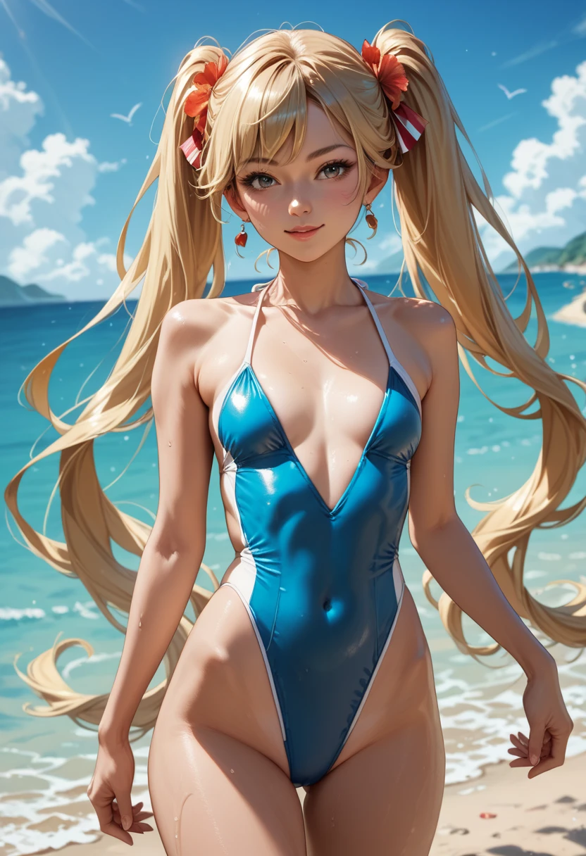  Japanese anime woman 、Blonde、 Long Twin Tails　、Very skinny and small breast 、 swimsuit　 beautiful Italian beach background