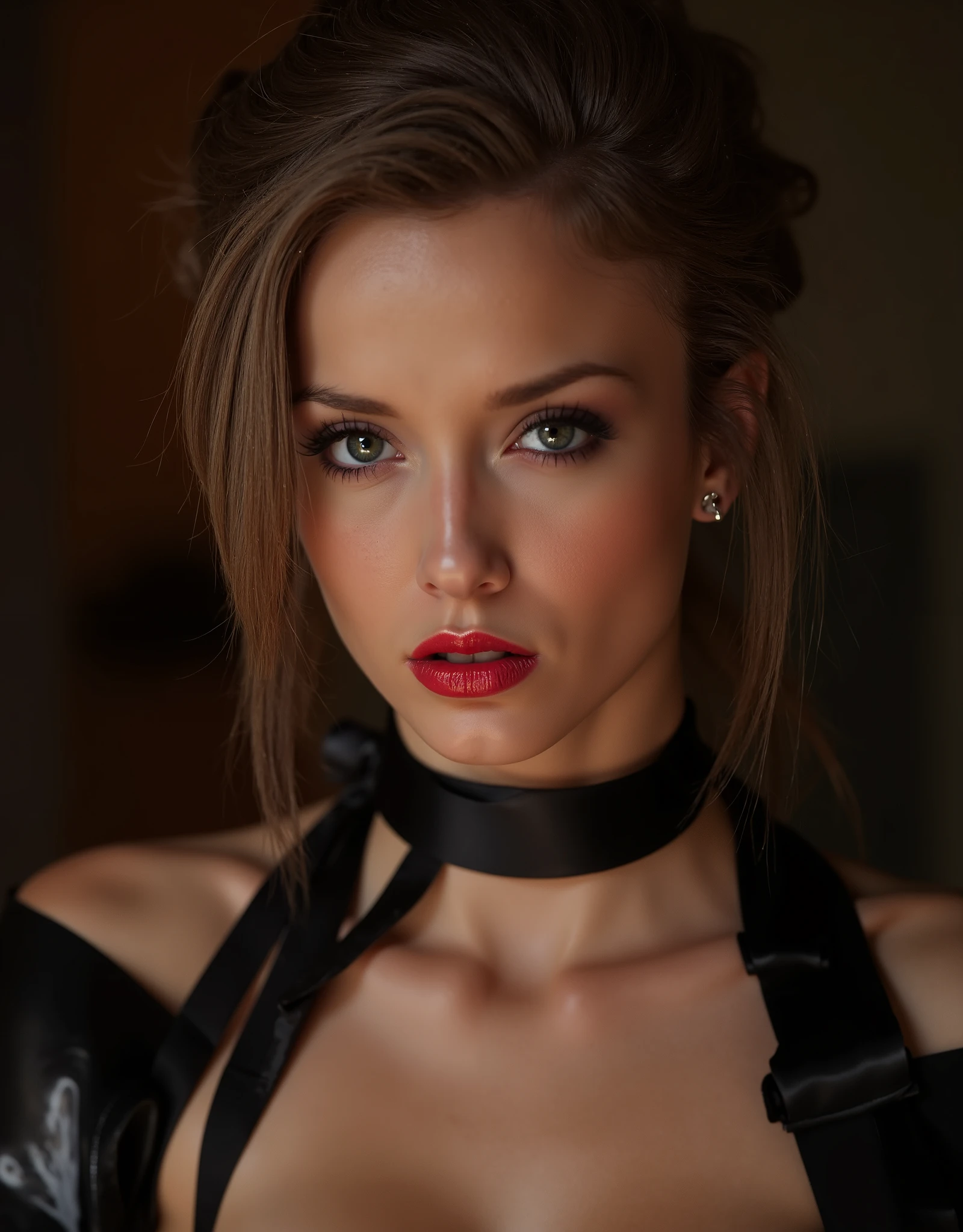 cute portrait of woman who has very full lips, red lip gloss, latex maid outfit, hair tied up and straitened. 