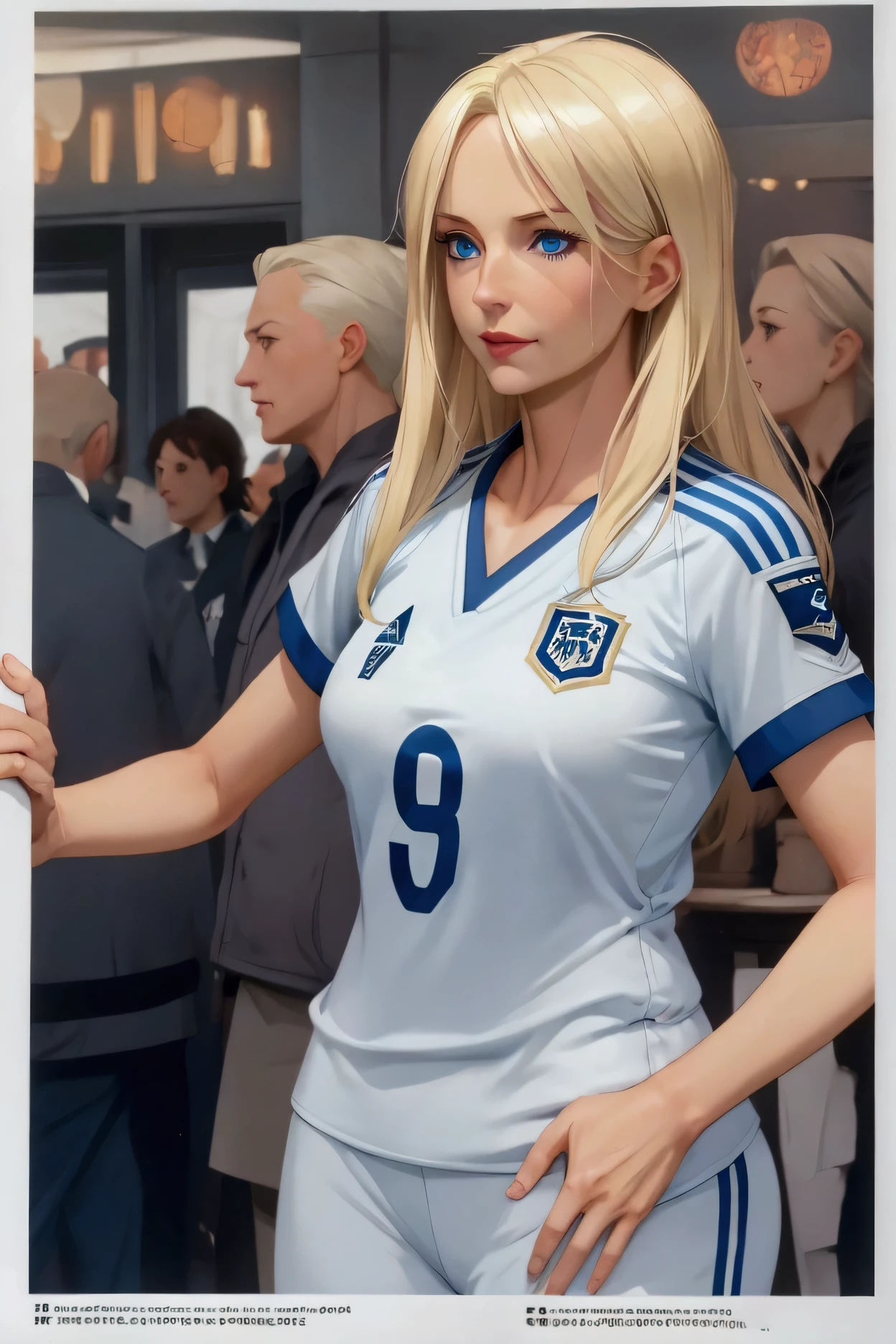 Beautiful aged woman . she is 40 years old . blond hair , blue eyes . Small size 1 breasts . height 175 cm. She's wearing a soccer uniform . with a ball .