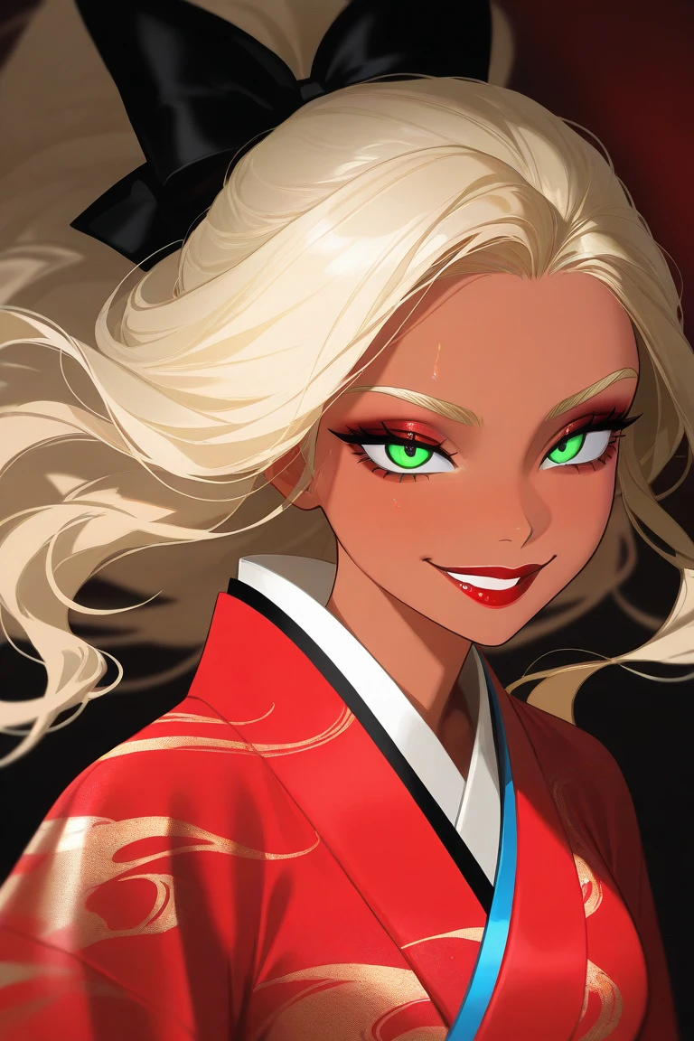 OC, female, semi realism, dark tanned skin, red lips, blonde eyebrows, perfect face, long wavy light Ashe blonde hair with bang, half-closed Green eyes, evil smile, red glamorous, sweet aesthetic, sexy kimono, mystic luminescent, sexy,