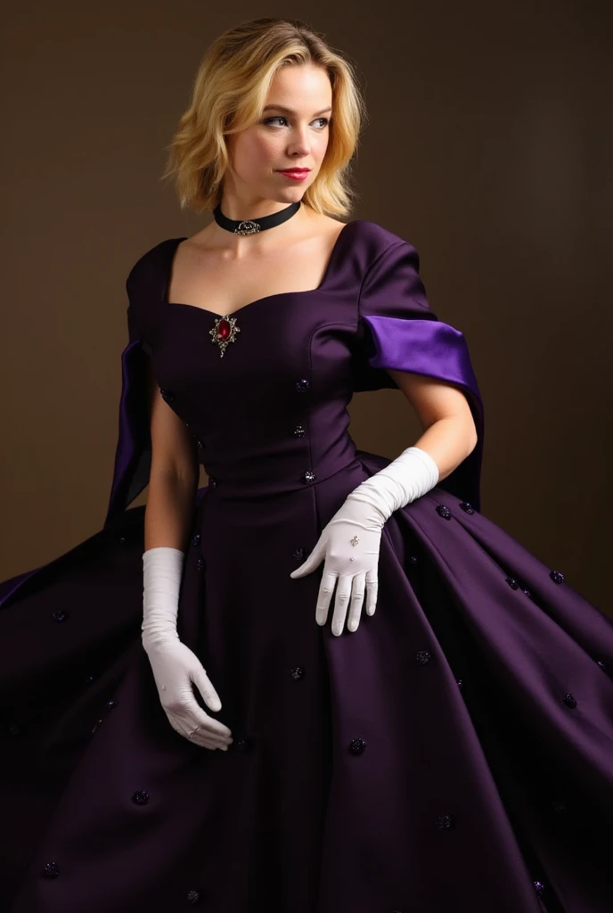 Milly Alcock,blonde hair,dark purple short-sleeved dress with a violet at the edge of her sleeves and the extended skirt of her dress. She also wears long white gloves and a black choker with a red jewel as her pendant,potrait