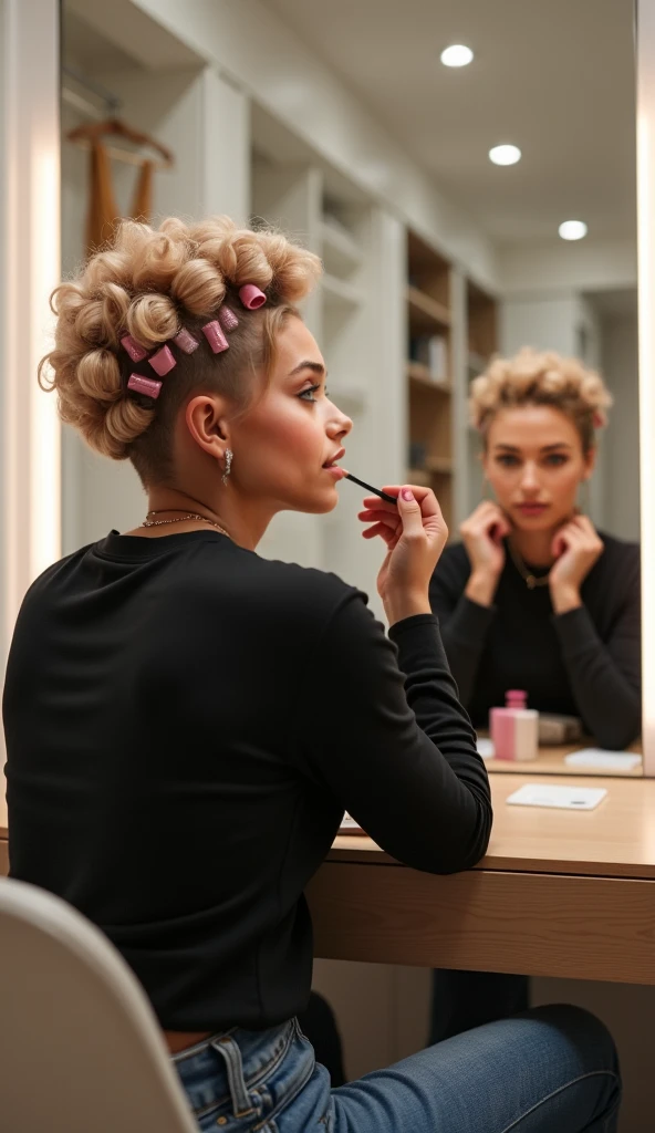 ((((Over-the-shoulder shot)))), close up, Beautiful (((Latina))) girl named Luna, (((her short blond hair curled in 5 plastic pink hair rollers with pins)))), 20 years old, light tanned, playful smiling, dressed in (((black tucked in slim fit LONGSLEEVE t-shirt))), (((Mid-blue STRAIGHT-FIT HIGH-WAIST LONG LENGTH JEANS))), tinting her lips with pink luxury lipstick, sitting in opposite of mirror, looking at herself, one large light wood desk, in spacious modern and minimalistic (((dressing room with white and beige walls))), (((walk-in closet with built-in dressers and shelves)), the ceiling has led lighting, dimmed lighting, photorealistic details, full body view, Iphone camera shot, social media composition, anatomically correct, UHD, masterpiece, highres