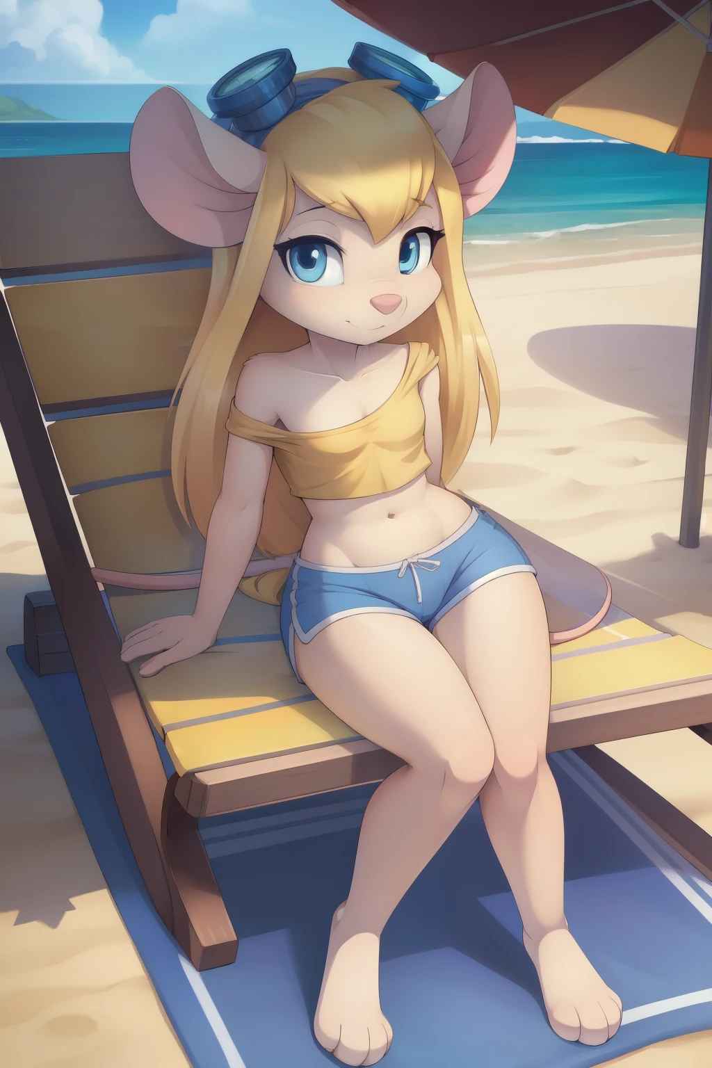 score_9,score_8_up,score_7_up, source_cartoon, source_furry, Gadget Hackwrench, young, mouse, blonde hair, long hair, narrowed eyes, blue eyes, pink nose, body fur, small breasts, detailed body fur, detailed face, detailed eyes, glistering body, shiny body, gorgeous body, masterpiece, high quality, ((goggles, yellow shirt, one shoulder, midriff, blue shorts)), full body, feets with three toes, 3 toes, beach, clear sky, skinny, sit on beach chair, :3,