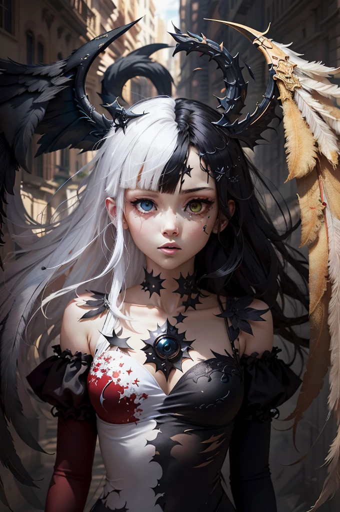 (8k, Highest quality, Manga style, View your viewers, Intricate details:1.3),(One person, Ingrid, ２Demon horns in the book, Multicolored Hair, Long Hair, Red eyes, Gray Hair), (Six alternating white angel wings and black devil wings:1.3), (China dress, See-through, Sweating, Full body portrait, Being hit by rain, Soaking wet)