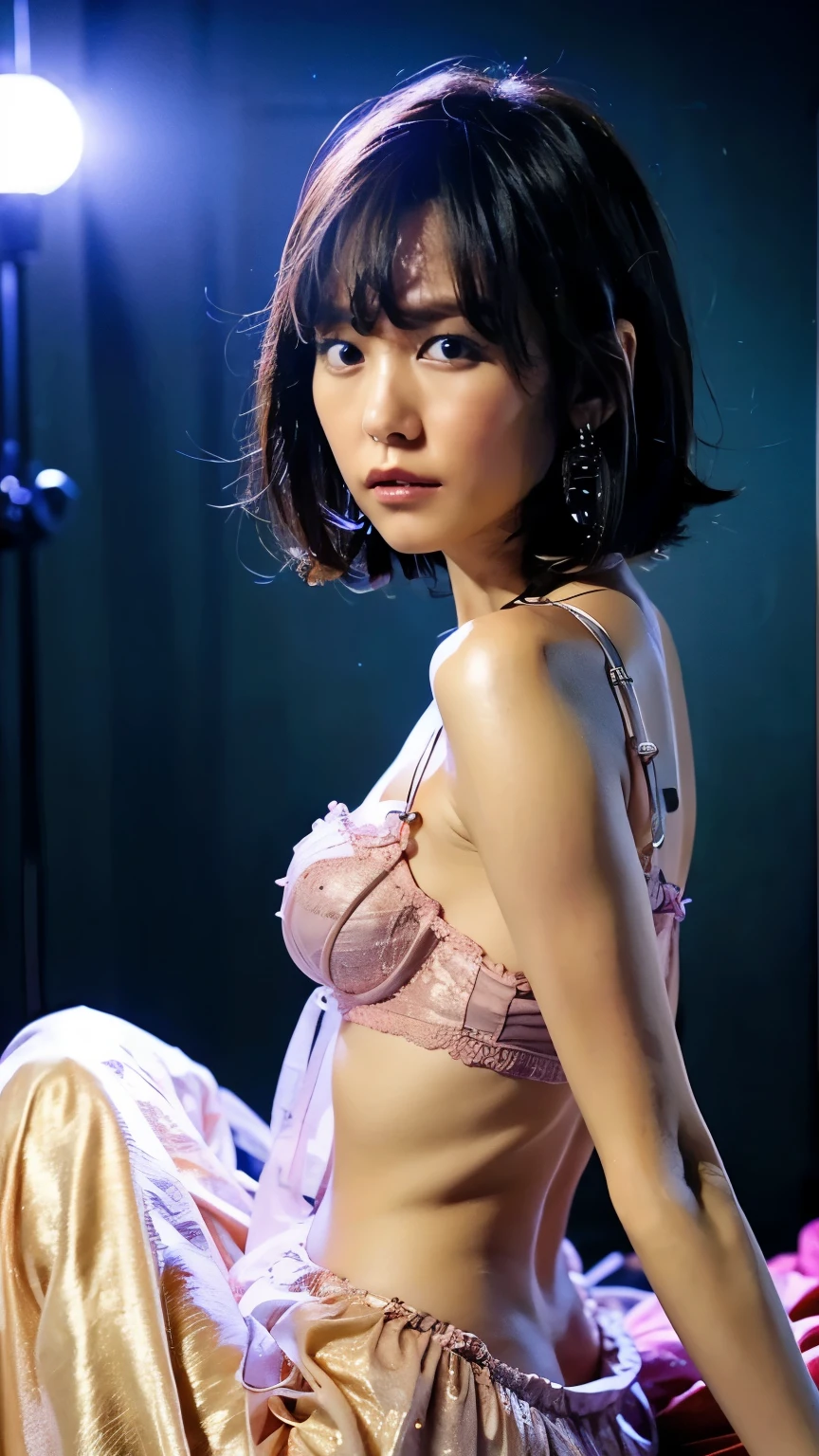 (highest quality, 8k, 32k, masterpiece, Ultra-high resolution:1.2),Beautiful Japanese Women Photos, Small breasts, very short bob hair,whole body,(Pink lingerie:1.1) necklace, Simple Background, Look around