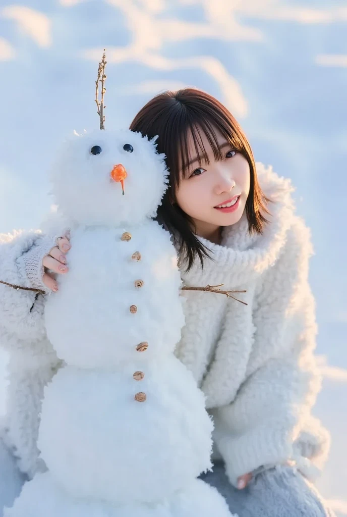 (8K, Highest quality, masterpiece:1,2), (Realistic, Photorealistic:1.37), Super detailed, One Girl,), (Very detailed), (Beautiful and detailed eyes), (Highest quality), (Very detailed ), (masterpiece), (Detailed face),20-year-old, ,1 Girl, whole body, Pink Hair,Very short hair, Medium chest, Dressed, Perfect lighting, View your viewers, Excited face, Mischievous face, ((Pink Goretex waterproof jacket, Pink and white tie-dyed shirt, Pink leggings, Pink Boots, White knit hat, White scarf, and white gloves)), Are standing, ((The beautiful contrast between the blue pond and the white snow on the snowy mountains of Hokkaido, Pose with a snowman))