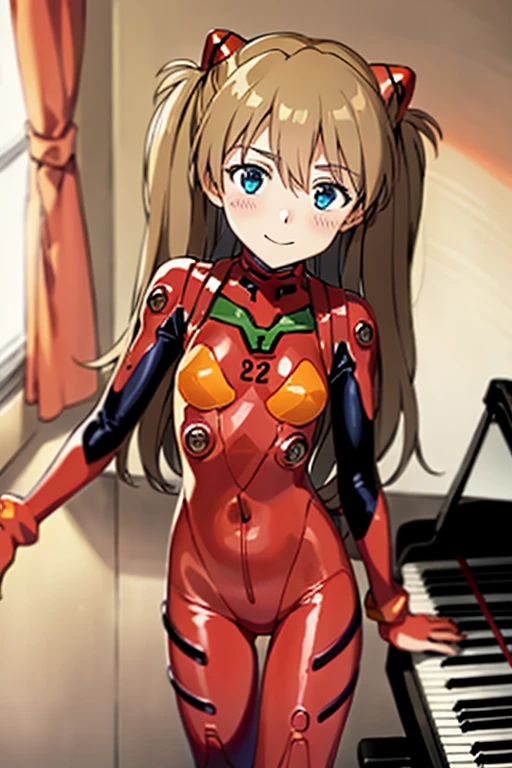 (( top quality )), ((masterpiece)), (be familiar with), perfect face, indoor, bedroom,  Watching Viewers ,
One woman,  Soryu Asuka Langley ,
開いた口,  ecstatic expression beside the piano, blush, smile,
 small tits,  flat chest, Young girl, Lori,  s,  girl,
 long hair,  twin tails,
Leg spread,