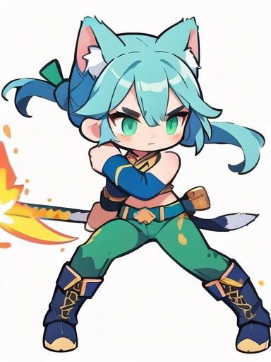 white background, Cute Female Warrior Style , green hair , tied hair , cat ears, Indian style combat uniform costume, loose green pants , boots, dark blue eyes , Stylish Poses , half side , dynamic battle pose, is holding a combat knife. Landing position, The act of wielding a sword ,
