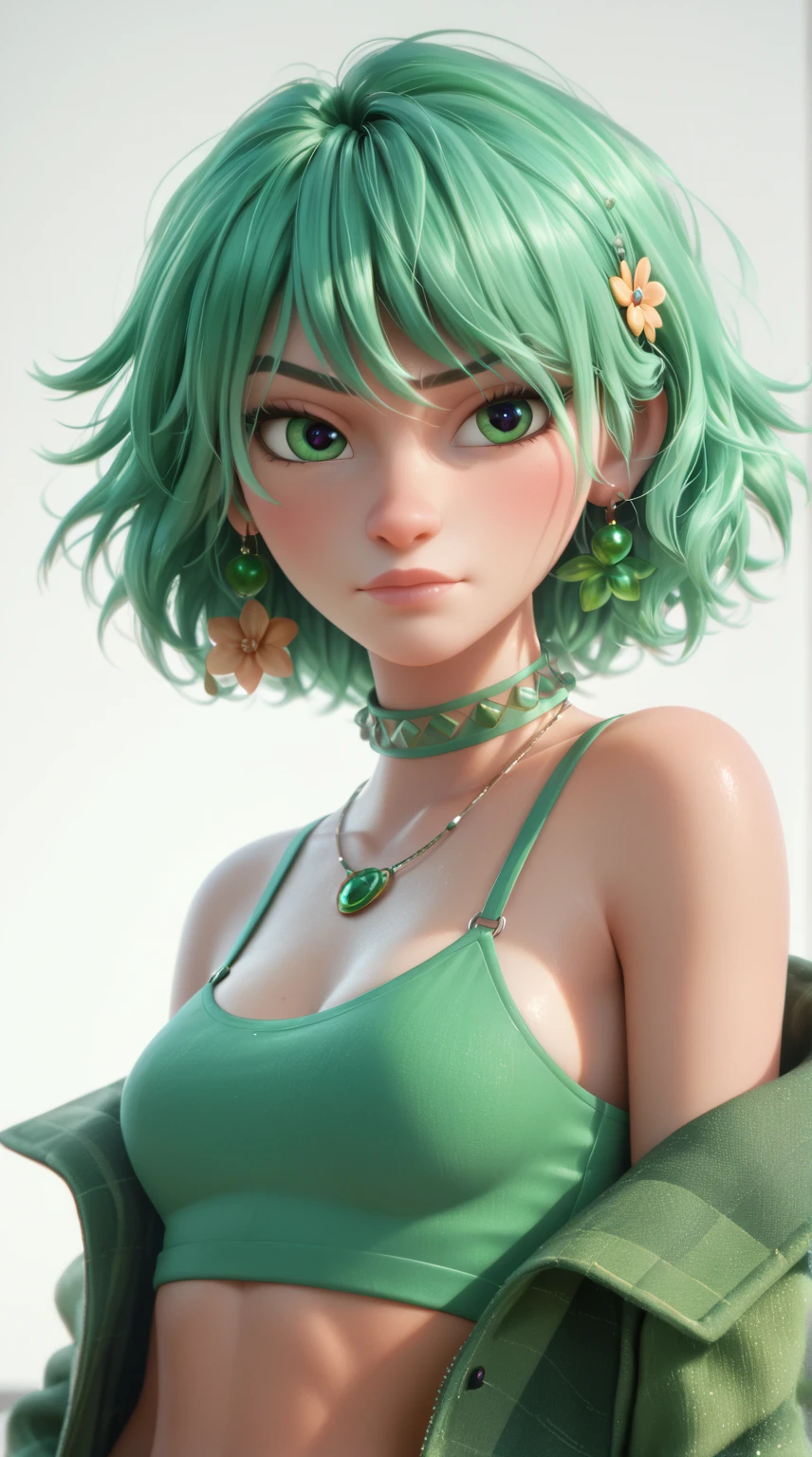 1 young cute girl, flower dress, colorful, dark background, flower armor, green theme, upper body shot,(cinematic, teal and orange:0.85), dim colors, low saturation