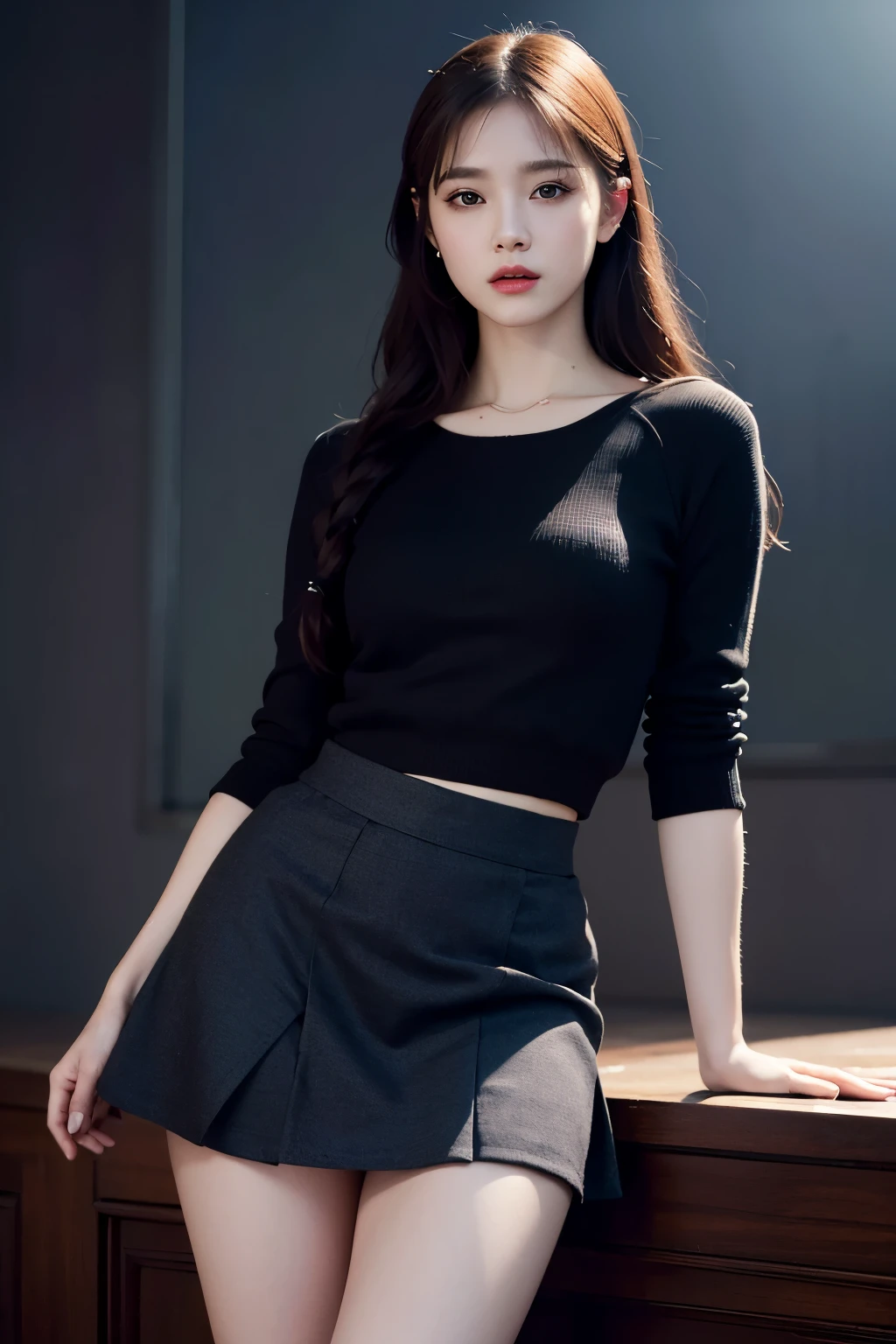 A woman in a red sweater and a black skirt stands in front of a white wall with a surprised expression on her face, charming pose, full body shooting, twisted pose, cute and elegant pose, casual pose, hands on her body pose! , satisfied posture, hands behind her pose! , shooting pose, wearing red outfit, full body photogenic shot, mid-body shot, side pose, make an elegant pose on you