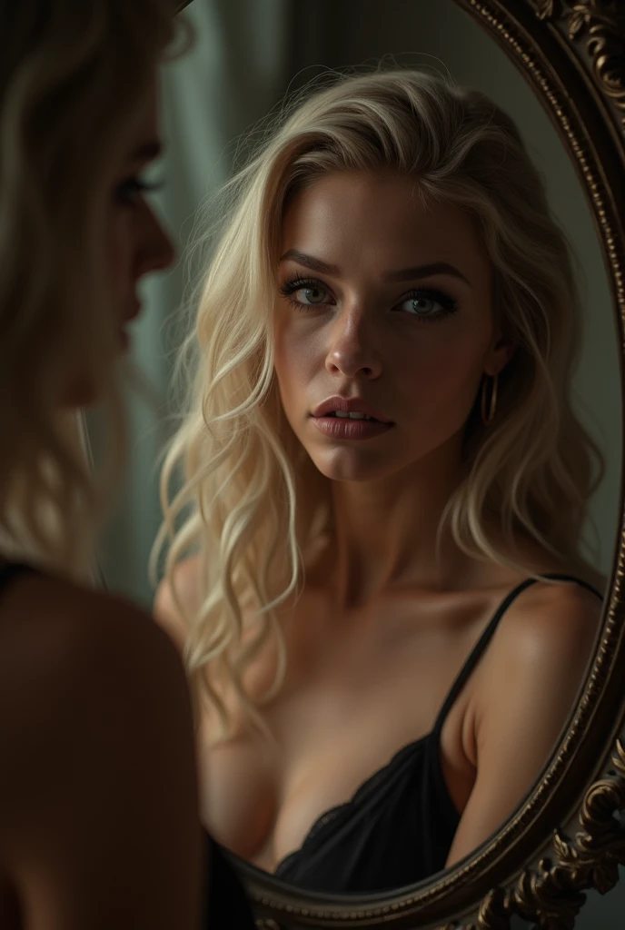 masterpiece, Highest quality, High resolution, One girl, lingerie, Bathroom, alone, Blonde Hair, semi-long, Looking in the mirror