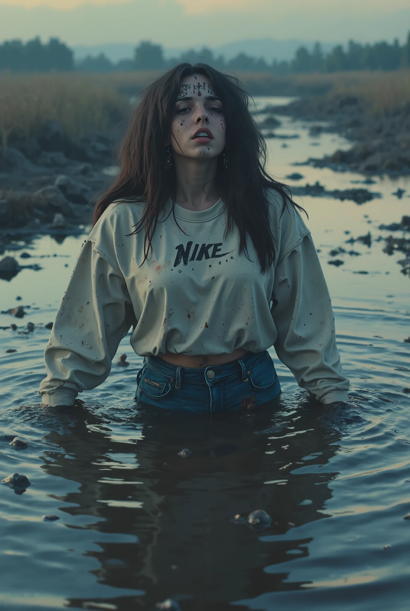 A pale, extremely detailed woman drowning in a sticky sludge bog puddle, wearing a messy nike sweatshirt and detailed denim jeans, ritualistic makeup, (best quality,4k,8k,highres,masterpiece:1.2),ultra-detailed,(realistic,photorealistic,photo-realistic:1.37),HDR,UHD,studio lighting,ultra-fine painting,sharp focus,physically-based rendering,extreme detail description,professional,vivid colors,bokeh,horror,dark fantasy,moody atmosphere,dramatic lighting,grungy,muddy,wet,desolate,eerie,unsettling,ominous