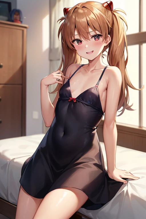 (( top quality )), ((masterpiece)), (be familiar with), perfect face, indoor, bedroom,  Watching Viewers ,
One woman,  Soryu Asuka Langley ,
開いた口,  ecstatic expression beside the piano, blush, smile,
 small tits,  flat chest, Young girl, Lori,  s,  girl,
 long hair,  twin tails,
Leg spread,