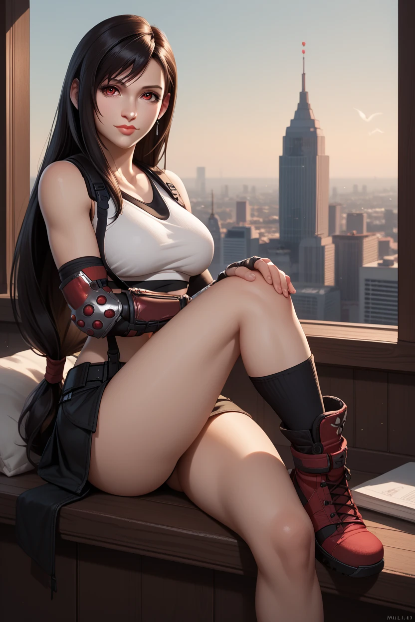 score_9, score_8_up, score_7_up,
FF7Tifa, 1girl, black hair, red eyes, long hair, looking at viewer, sitting on a windowsill, one leg bent, one hand resting on the knee, city skyline at dusk in the background, moody and reflective ambiance