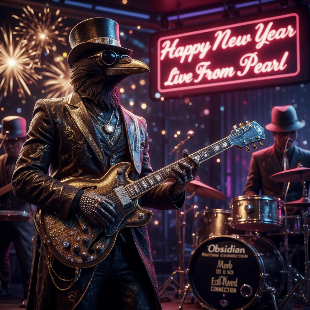 Muscular Anthropomorphic raven donned in intricate black suit with gold trim made of diamonds and a black diamond fedora. Diamonds cover his beak. Wears large sunglasses. Lead singer and electric guitar player of a jazz band at a high end jazz club. Uses a retro style microphone while playing his guitar. Behind the open air stage, fireworks burst. The words "Happy New Year MAB, Live from The Pearl" in a big neon sign. The base drum reads "Obsidian Rhythm Connection". Dynamic jazz band scene, dynamic pose, High Resolution, Masterpiece, Cinematic, Character Design, Hyperdetailed, Cinematography,  cinematic lighting, Depth Of Field, Sparkle, Ray Tracing, Image Fill, Dynamic Pose, old fashion microphone 