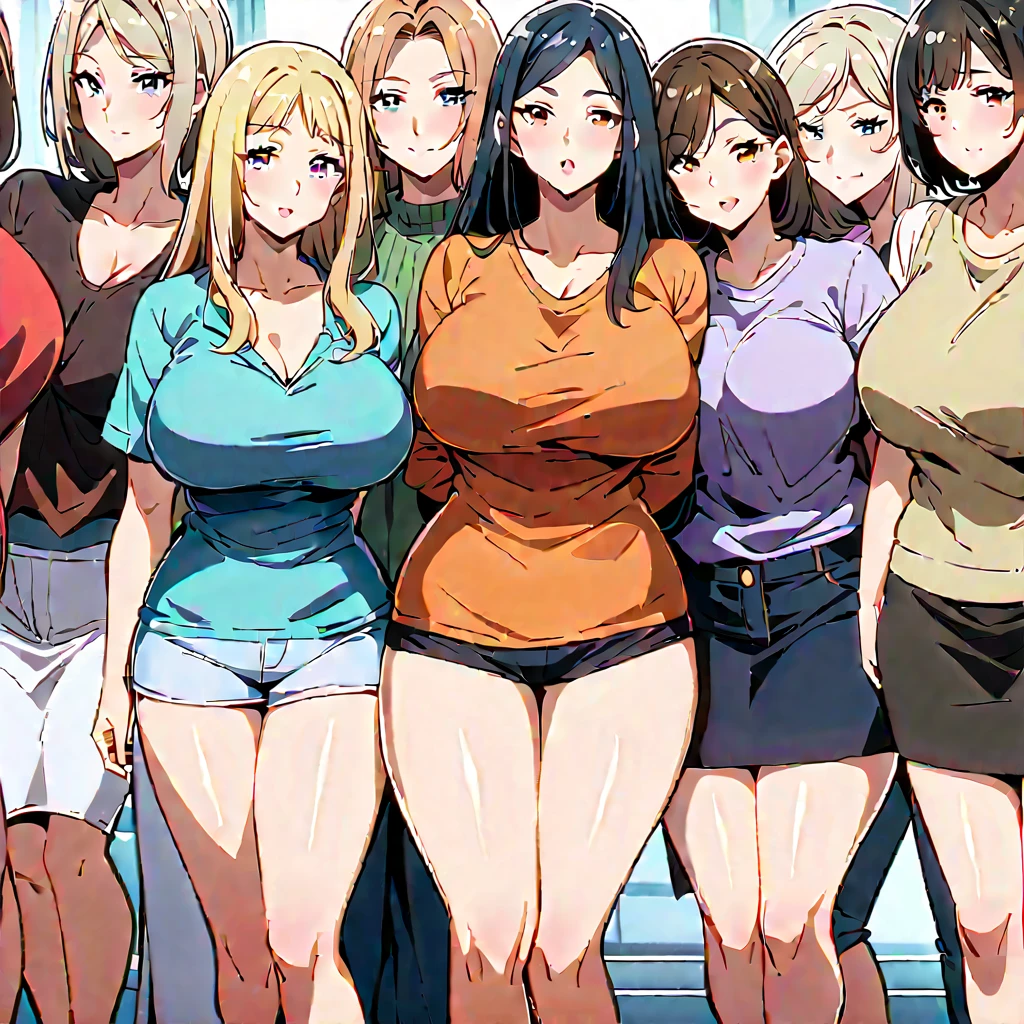 Anime, a group of mature womans, curvy body, big breasts, casual clothes, multiple womans, womans surrounding 