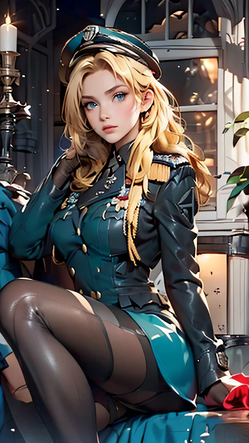 Woman, Reality, (Berets) (Headphones) (High Fork Tights Police Uniform, Police Logo) (Pantyhose Fishnet Socks), (Lips slightly open, light smile), (Shiny skin: 1.1), Blush, (Looking at the viewer), (Full Body), Masterpiece, Highest Quality, High Resolution, Absurd, Realistic