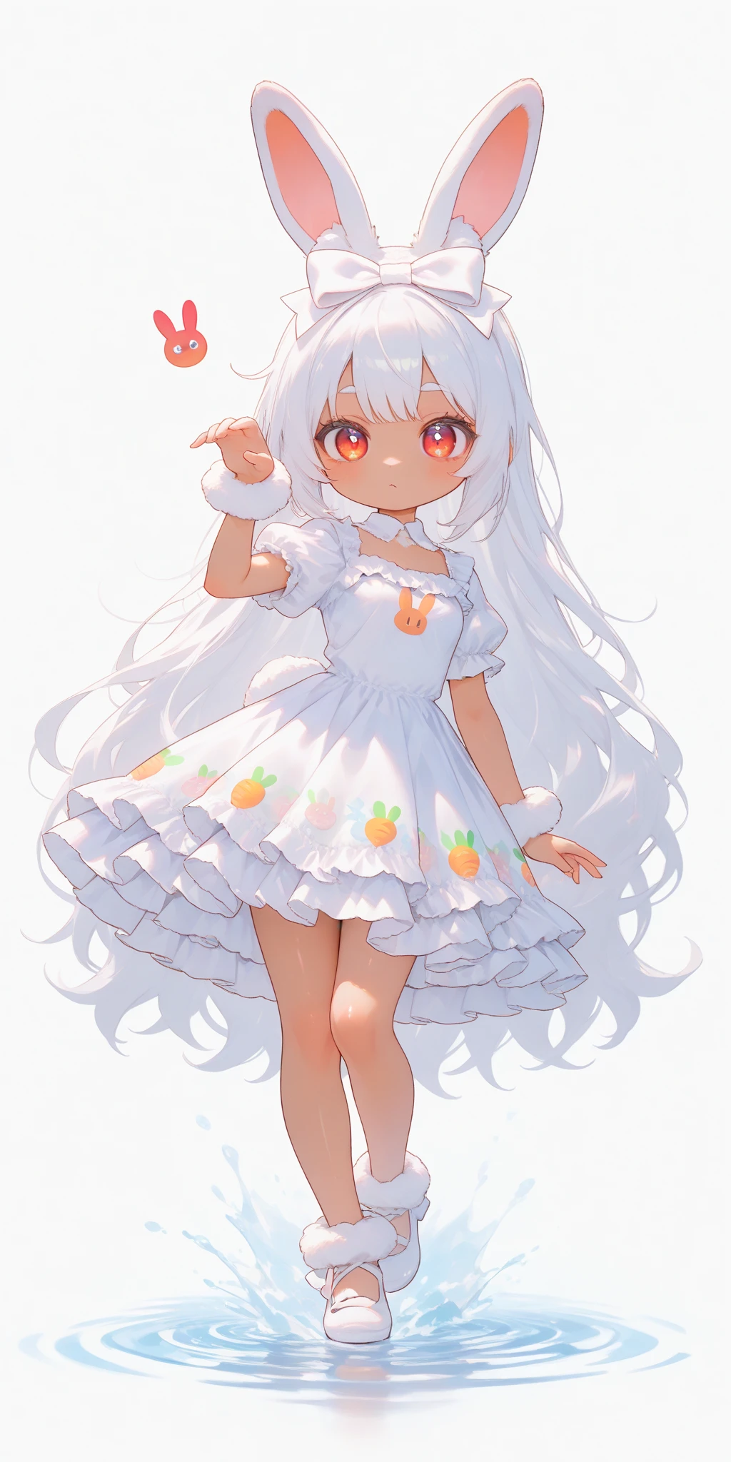 (solo:1.2),1girl\(chibi,cute,kawaii,(white hair:1.4),(very long hair:1.6),bangs,(ear\(fluffy,white,rabbit-ear\):1.4),red eye,big eye,beautiful shiny eye,detailed pupils,skin color white,big black hairbow\(with print\),(cute white frilled silky dress:1.3),breast,cute pose,cute hand sign,korean idol pose,cute symbol in eye,wrist fur,rabbit-tail,shiny skin,shiny hair,full body,1r1d3sc3nc3\),colorful roses,beautiful water splash,beautiful day,close-up girl,3d,(((dynamic pose))),masterpiece,best quality,newest,dynamic angle