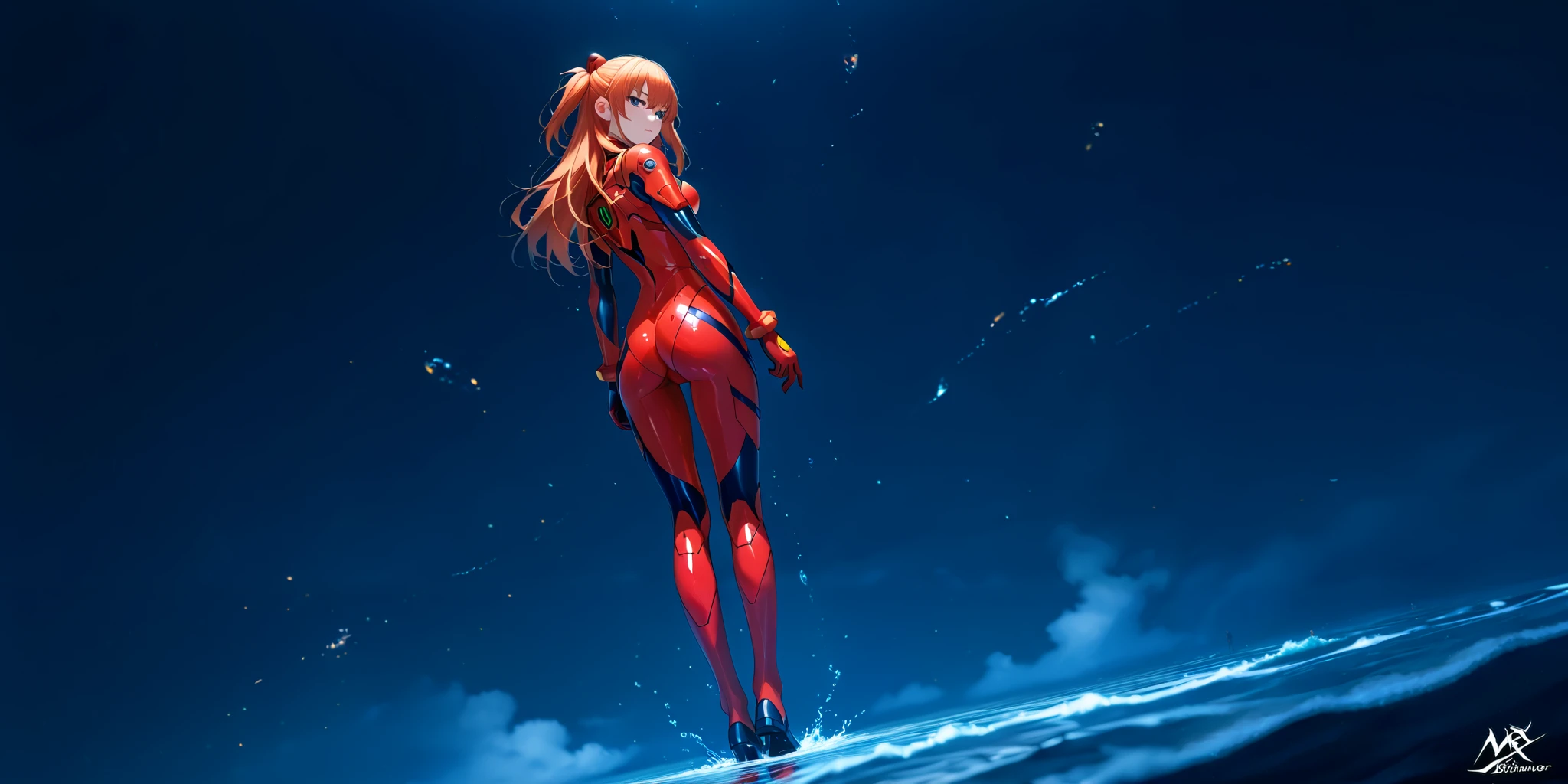 ( very detailed CG unity 8k wallpaper,masterpiece,  Asuka is standing on the far right of the image, while Eva-02 on the fall left in the background, standing, best quality, ultra-detailed),3d,a beautiful female model, transparent red bodysuit, slowly fading away, detailed face, beautiful eyes, full lips, long lashes, flowing hair, elegant pose, Under an empty night sky by the red sea, submerged legs,  Orange Hair , dramatic lighting, ethereal, Surreal, dreamlike, mist, Fog, shimmer, glowing, 8k, high-quality, cinematic, masterpiece,1girl, full body, back view, looking at viewer, ass,,shirogane, souryuu asuka langley, red brown hair, two side up, bangs, freckles, long hair, blue eyes, red sea, Eva-02 in the background on the far left, partially underwater shot
