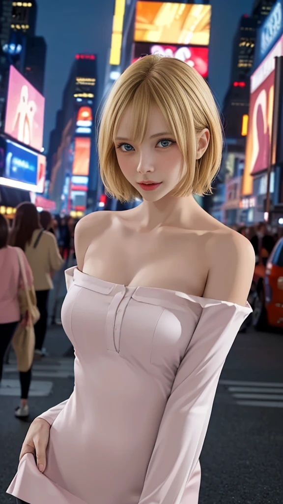 (( night view, Realistic Light,  top quality , 8k, masterpiece: 1.3)),  1 girl,  the beauty of a slender body: 1.4,  blondes,  short hair with shadows, (big: 1.3),  off shoulder cut top: 1.3,  super detailed face,   detail eyes,  double eyelid , new york,  Times Square ,  clevis on a stone