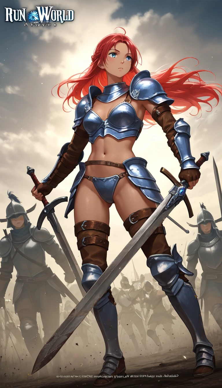 Cartoon drawing of a woman in armor holding a sword,（Bikini Armor）, He wears metal pants,north adult Woman warrior, Muscular，She has a sword, Woman warrior, 美しいWoman warrior, very beautiful female barbarian, 野蛮なWoman warrior, beautiful Woman warrior, Valkyrie-style characters, north Woman warrior, She&#39;s ready to fight, Fantasy Paladin Female, warrior dnd character, of a beautiful female knight, female barbarian