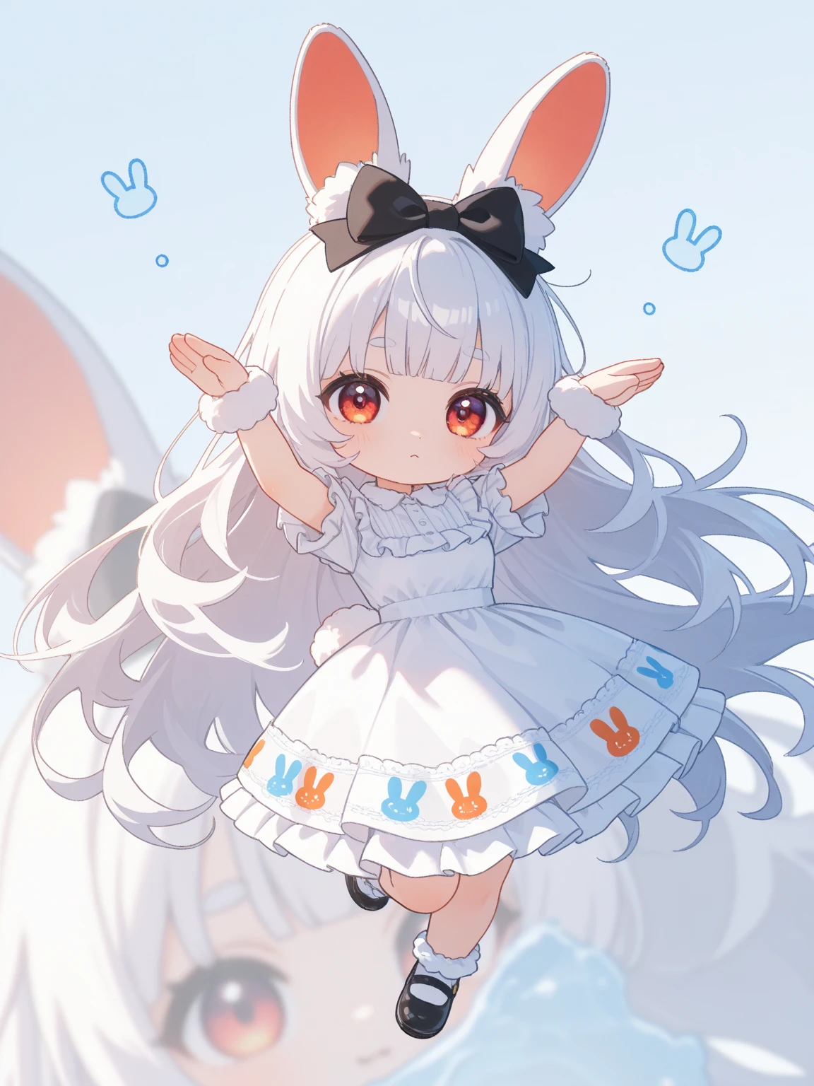 (solo:1.2),1girl\(chibi,cute,kawaii,(white hair:1.4),(very long hair:1.6),bangs,(ear\(fluffy,white,rabbit-ear\):1.4),red eye,big eye,beautiful shiny eye,detailed pupils,skin color white,big black hairbow\(with print\),(cute white frilled silky dress:1.3),breast,cute pose,cute hand sign,korean idol pose,cute symbol in eye,wrist fur,rabbit-tail,shiny skin,shiny hair,full body,1r1d3sc3nc3\),colorful roses,beautiful water splash,beautiful day,close-up girl,3d,(((dynamic pose))),masterpiece,best quality,newest,dynamic angle