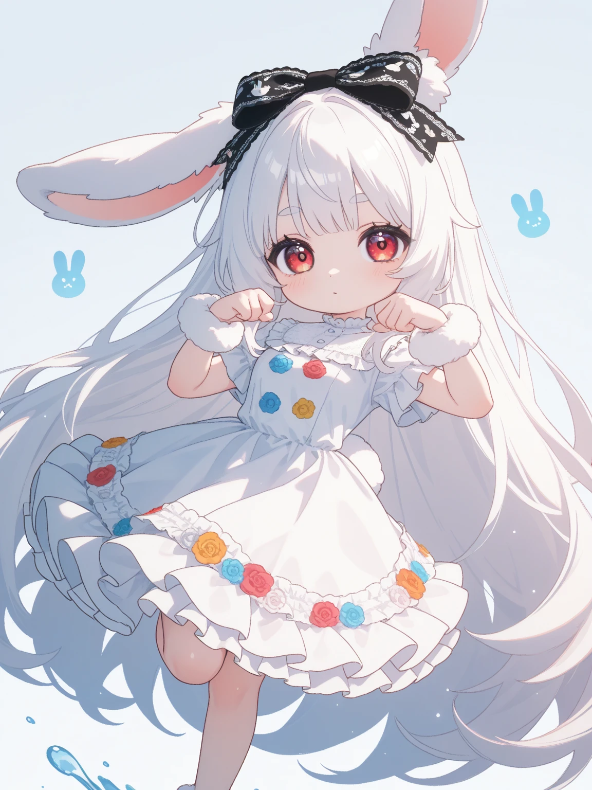 (solo:1.2),1girl\(chibi,cute,kawaii,(white hair:1.4),(very long hair:1.6),bangs,(ear\(fluffy,white,rabbit-ear\):1.4),red eye,big eye,beautiful shiny eye,detailed pupils,skin color white,big black hairbow\(with print\),(cute white frilled silky dress:1.3),breast,cute pose,cute hand sign,korean idol pose,cute symbol in eye,wrist fur,rabbit-tail,shiny skin,shiny hair,full body,1r1d3sc3nc3\),colorful roses,beautiful water splash,beautiful day,close-up girl,3d,(((dynamic pose))),masterpiece,best quality,newest,dynamic angle