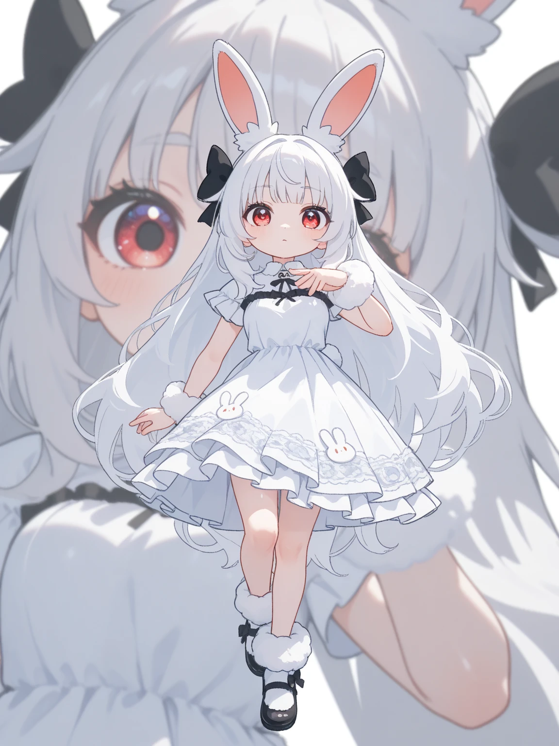 (solo:1.2),1girl\(chibi,cute,kawaii,(white hair:1.4),(very long hair:1.6),bangs,(ear\(fluffy,white,rabbit-ear\):1.4),red eye,big eye,beautiful shiny eye,detailed pupils,skin color white,big black hairbow\(with print\),(cute white frilled silky dress:1.3),breast,cute pose,cute hand sign,korean idol pose,cute symbol in eye,wrist fur,rabbit-tail,shiny skin,shiny hair,full body,1r1d3sc3nc3\),colorful roses,beautiful water splash,beautiful day,close-up girl,3d,(((dynamic pose))),masterpiece,best quality,newest,dynamic angle