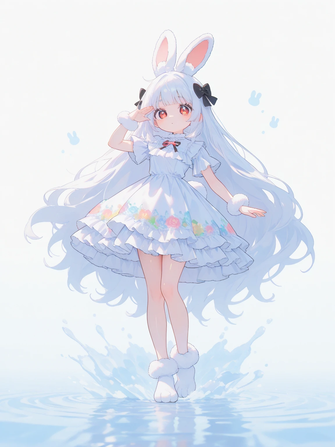 (solo:1.2),1girl\(chibi,cute,kawaii,(white hair:1.4),(very long hair:1.6),bangs,(ear\(fluffy,white,rabbit-ear\):1.4),red eye,big eye,beautiful shiny eye,detailed pupils,skin color white,big black hairbow\(with print\),(cute white frilled silky dress:1.3),breast,cute pose,cute hand sign,korean idol pose,cute symbol in eye,wrist fur,rabbit-tail,shiny skin,shiny hair,full body,1r1d3sc3nc3\),colorful roses,beautiful water splash,beautiful day,close-up girl,3d,(((dynamic pose))),masterpiece,best quality,newest,dynamic angle