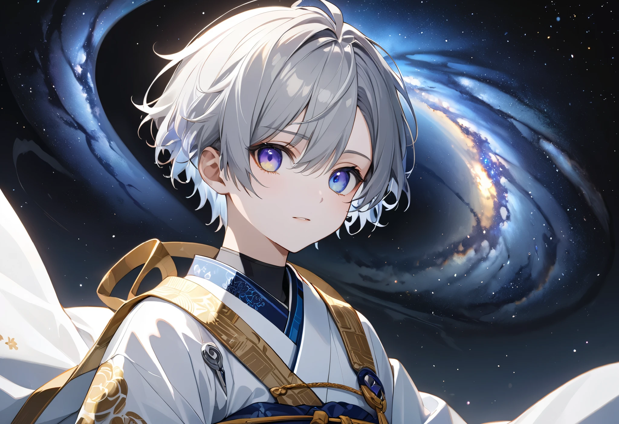 fresh illustration , Superfine painting, very delicate illustration , Very fine details , Picture of only one boy , Height: 158cm, white skin, Iris heterochromia where the right eye is purple and the left eye is blue, beautiful eyes, large black pupils , short hair with shadows, Gray Hair, hair roots are bluish , hair has gradation , shiny hair with makeup, cute faces , Beautiful face with a shiny little ring on the back of the head, raised eyebrows , and her upper body is wearing a kimono in kimono, Masculine physique, six pack, Super small breasts, No boobs, The color of the belt is black , Overall white clothes , tasteful embroidery with gold thread , fine fabric clothing , Isometric, Golden Ratio, god々 like atmosphere, wearing blue colored padded collar innerwear , outer space , Milky Way, Little Star々 upper body , tactical use of shadows , rings of the head and hair do not stick out of the angle of view, standing picture , Bust Shots,